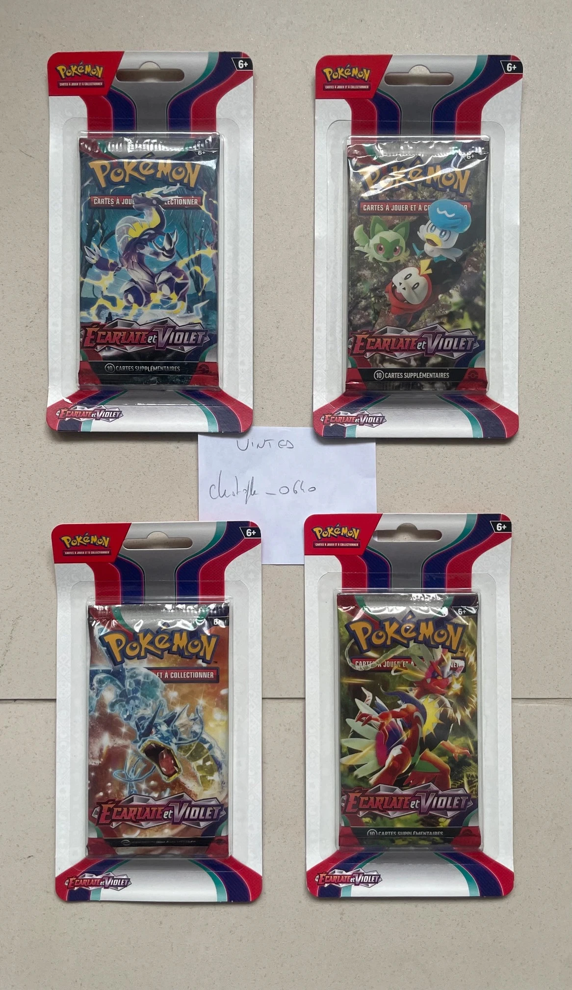 Artset, lot de 4 boosters pokémon neufs scellés de 10 cartes chacun, série écarlate et violet, EV1